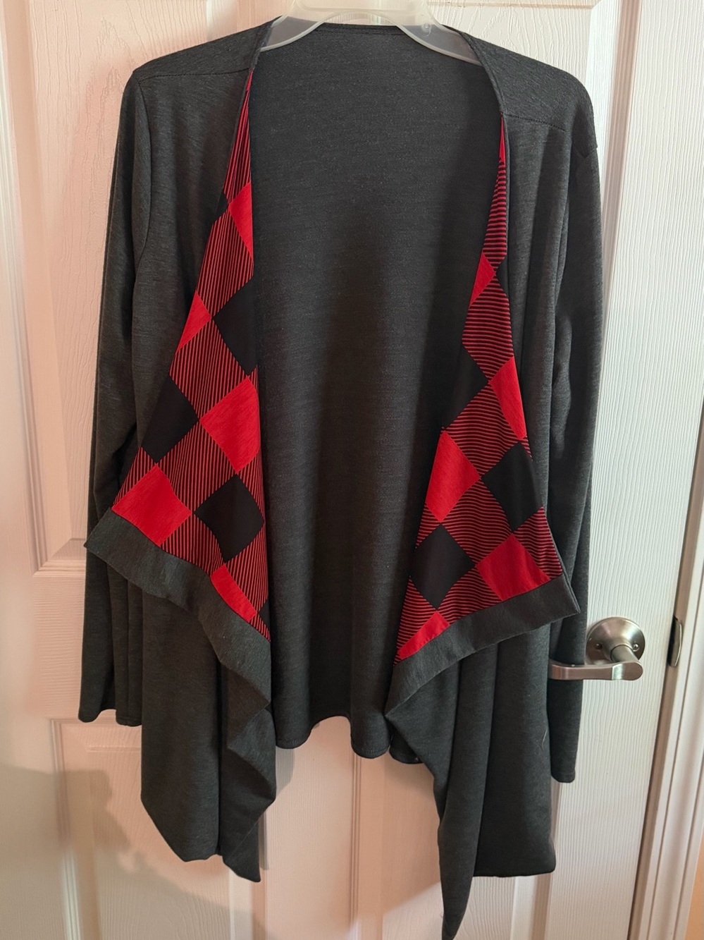 Women's Open Front Charcoal Cardigan with Red Plaid Trim